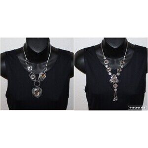 Lot of 2 Boho Asymmetric Chunky Glass Silver Metal Rope Necklace Silver Tone